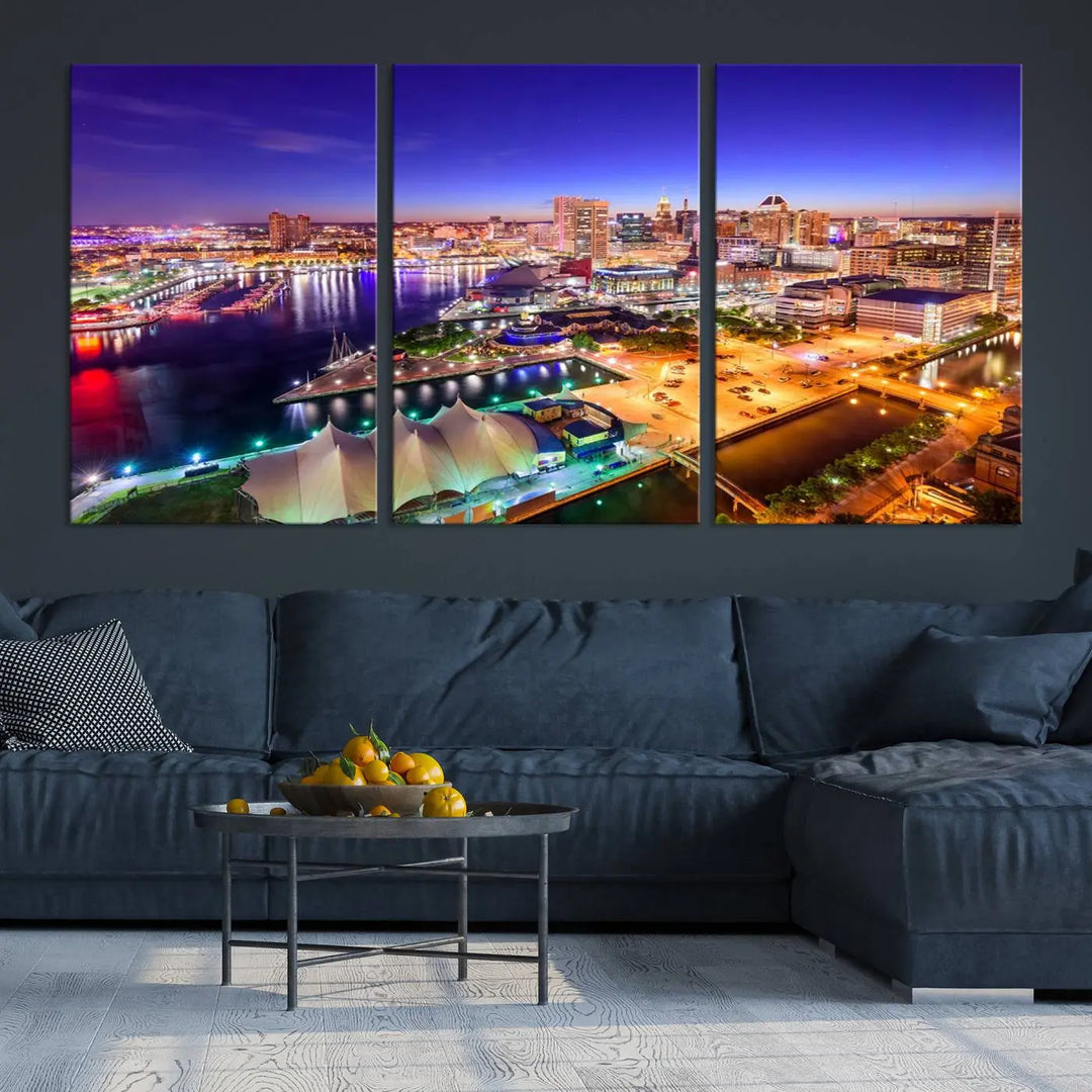 A triptych of the Baltimore City Lights Night Purple Skyline Cityscape, printed on museum-quality canvas with a UV-protective coating, hangs beautifully. This artwork arrives ready to hang, adding instant elegance to the space.