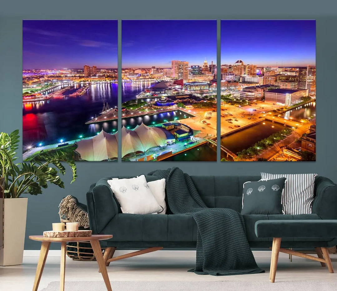 A triptych of the Baltimore City Lights Night Purple Skyline Cityscape, printed on museum-quality canvas with a UV-protective coating, hangs beautifully. This artwork arrives ready to hang, adding instant elegance to the space.