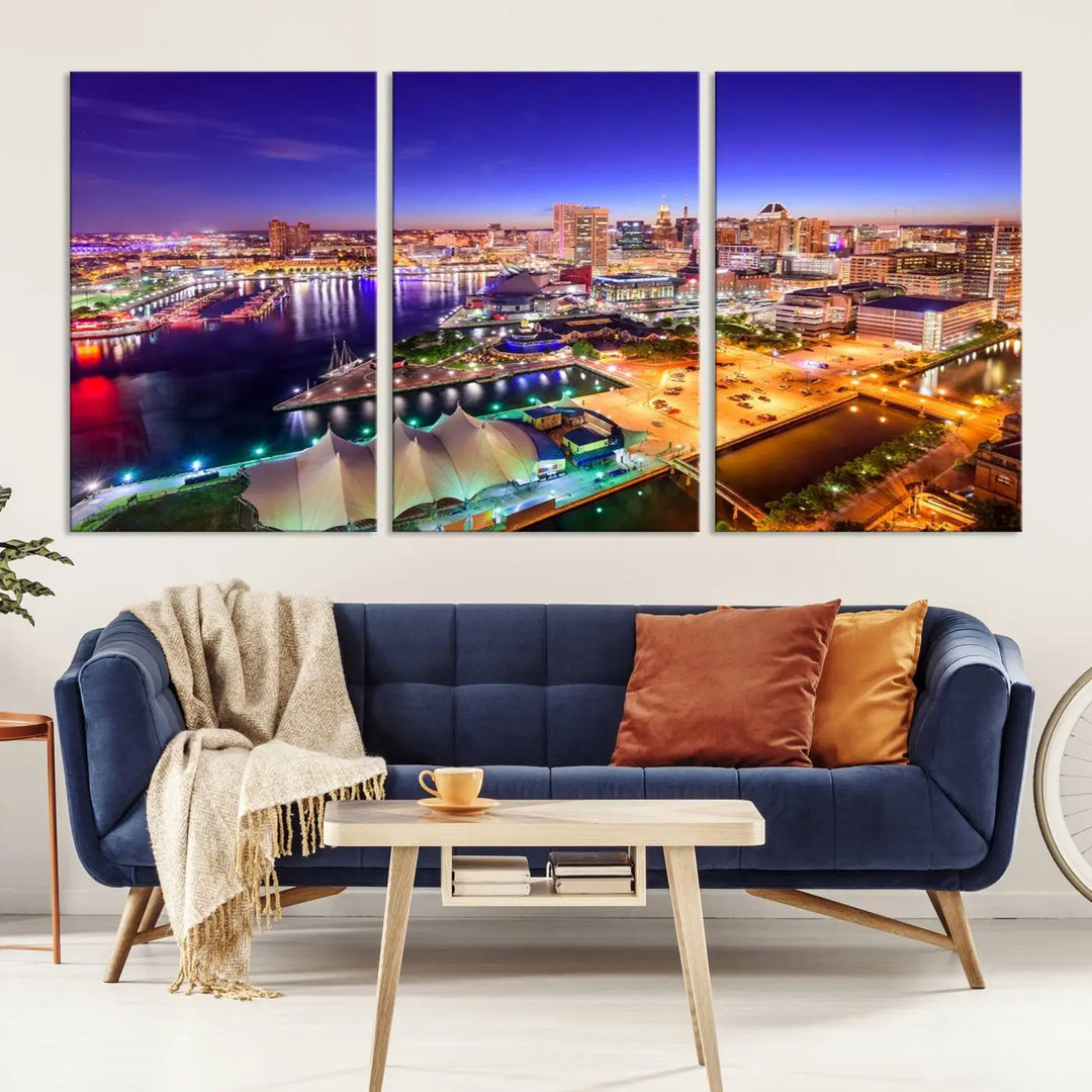 A triptych of the Baltimore City Lights Night Purple Skyline Cityscape, printed on museum-quality canvas with a UV-protective coating, hangs beautifully. This artwork arrives ready to hang, adding instant elegance to the space.