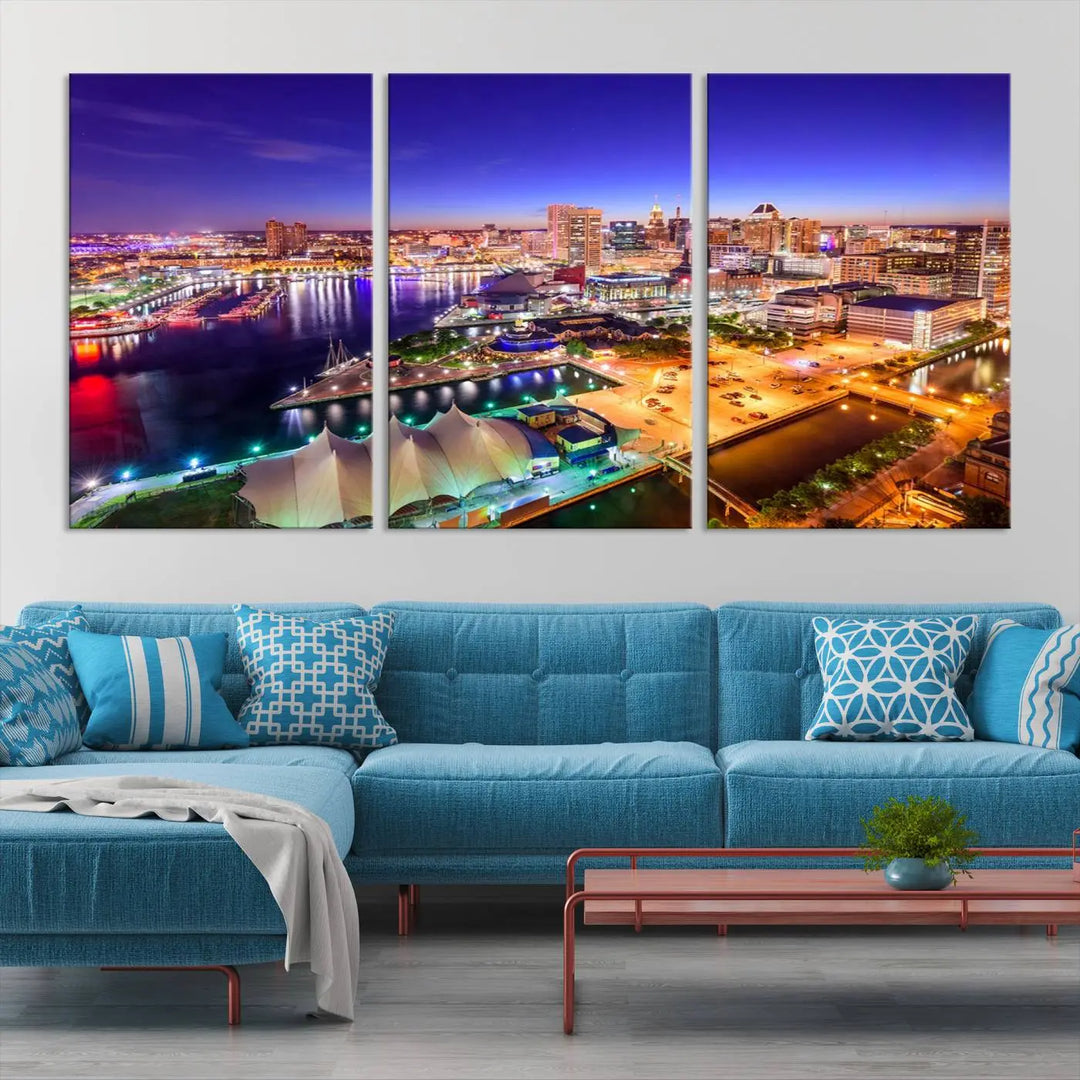 A triptych of the Baltimore City Lights Night Purple Skyline Cityscape, printed on museum-quality canvas with a UV-protective coating, hangs beautifully. This artwork arrives ready to hang, adding instant elegance to the space.