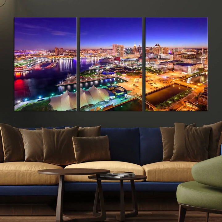 A triptych of the Baltimore City Lights Night Purple Skyline Cityscape, printed on museum-quality canvas with a UV-protective coating, hangs beautifully. This artwork arrives ready to hang, adding instant elegance to the space.