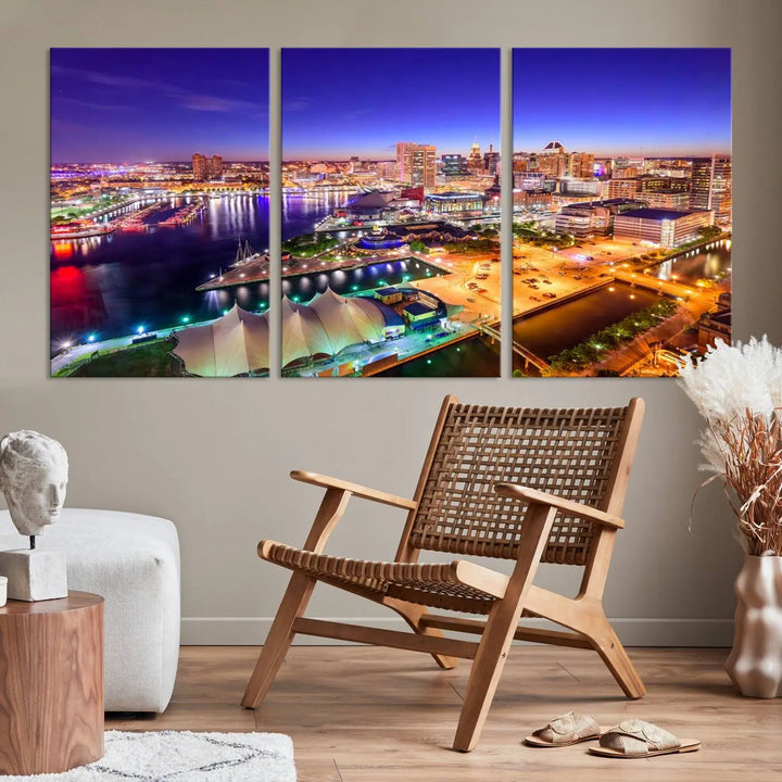 A triptych of the Baltimore City Lights Night Purple Skyline Cityscape, printed on museum-quality canvas with a UV-protective coating, hangs beautifully. This artwork arrives ready to hang, adding instant elegance to the space.