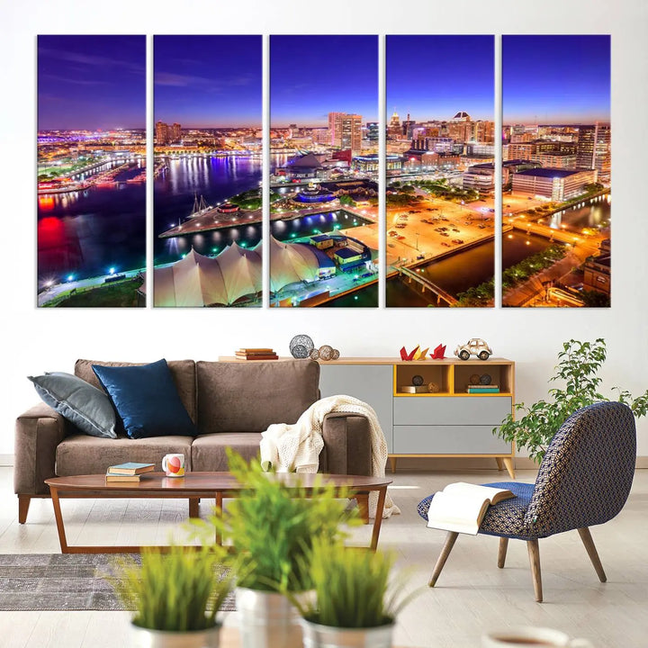 A triptych of the Baltimore City Lights Night Purple Skyline Cityscape, printed on museum-quality canvas with a UV-protective coating, hangs beautifully. This artwork arrives ready to hang, adding instant elegance to the space.