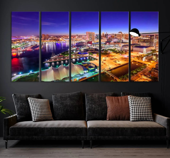 A triptych of the Baltimore City Lights Night Purple Skyline Cityscape, printed on museum-quality canvas with a UV-protective coating, hangs beautifully. This artwork arrives ready to hang, adding instant elegance to the space.