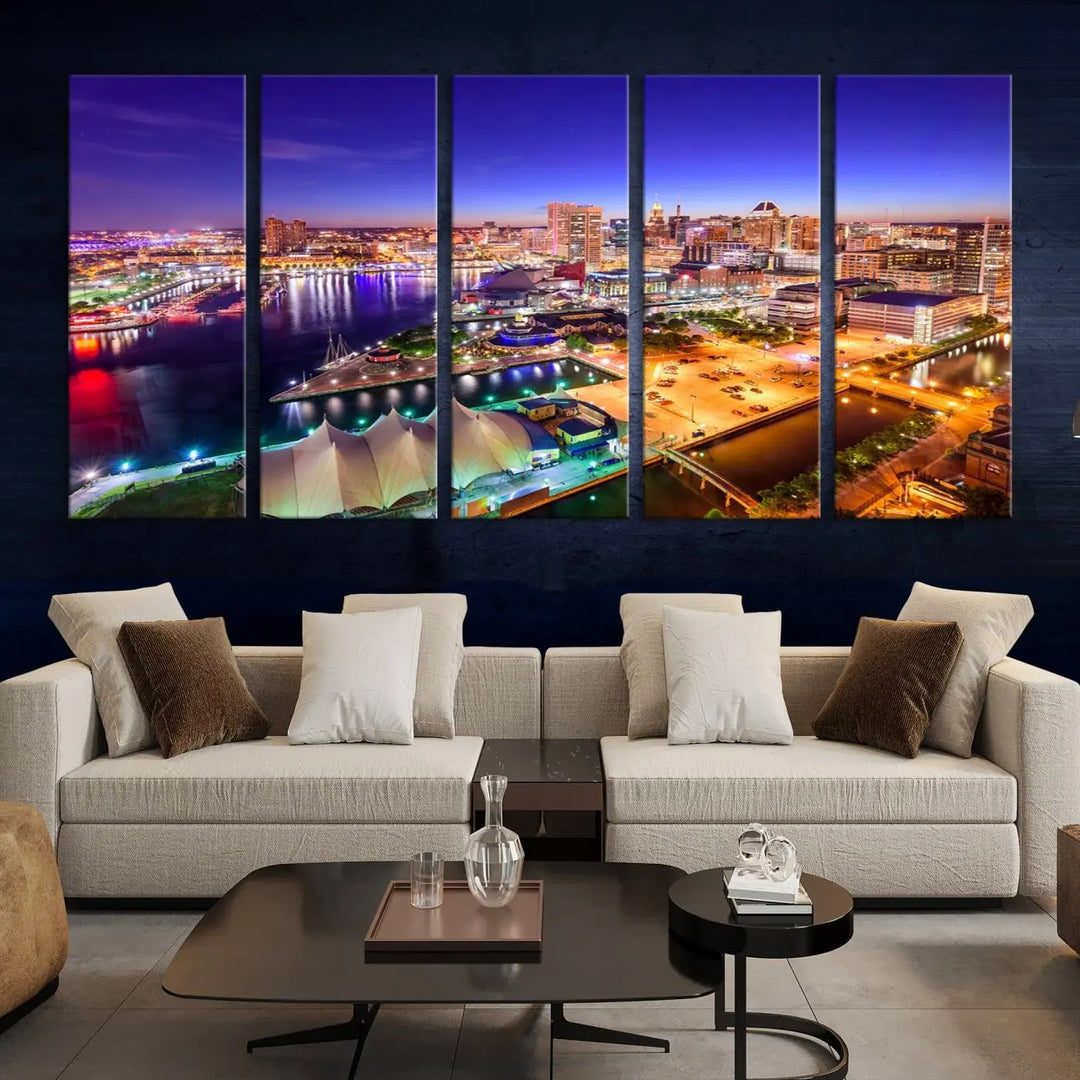 A triptych of the Baltimore City Lights Night Purple Skyline Cityscape, printed on museum-quality canvas with a UV-protective coating, hangs beautifully. This artwork arrives ready to hang, adding instant elegance to the space.