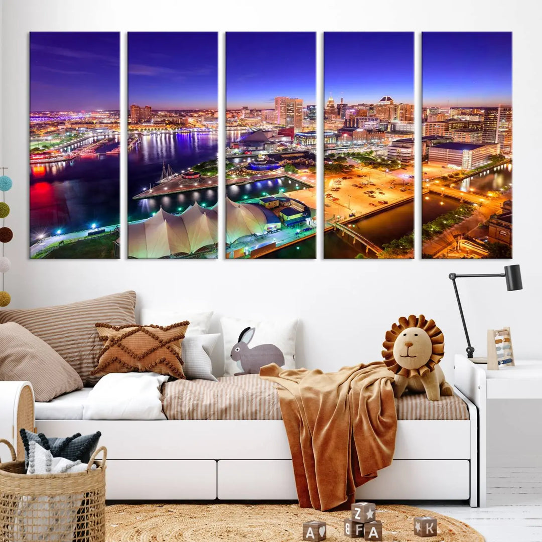 A triptych of the Baltimore City Lights Night Purple Skyline Cityscape, printed on museum-quality canvas with a UV-protective coating, hangs beautifully. This artwork arrives ready to hang, adding instant elegance to the space.