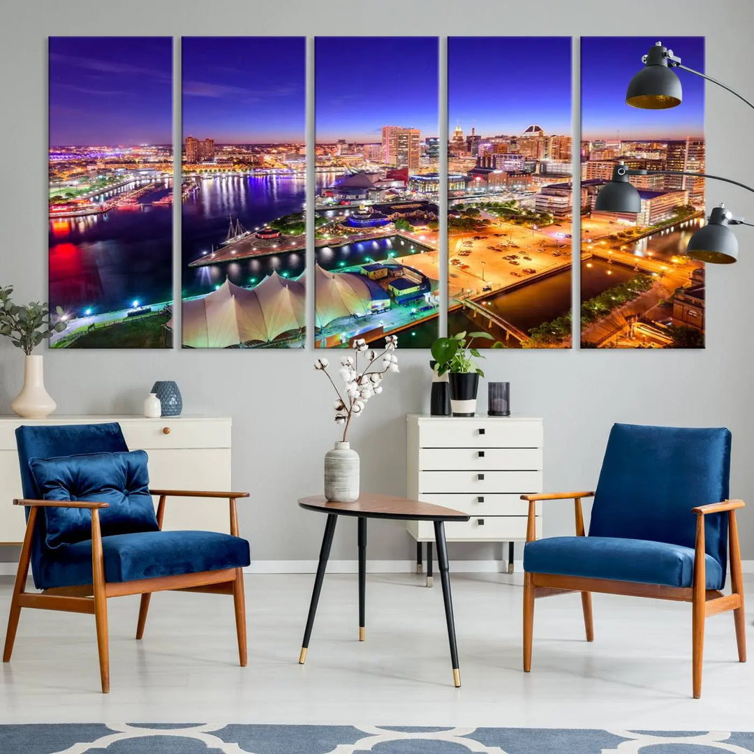 A triptych of the Baltimore City Lights Night Purple Skyline Cityscape, printed on museum-quality canvas with a UV-protective coating, hangs beautifully. This artwork arrives ready to hang, adding instant elegance to the space.