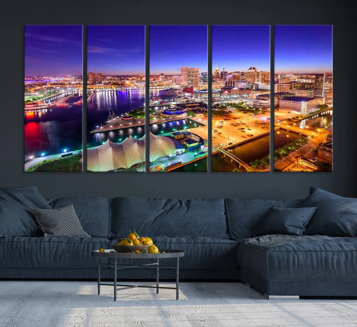 A triptych of the Baltimore City Lights Night Purple Skyline Cityscape, printed on museum-quality canvas with a UV-protective coating, hangs beautifully. This artwork arrives ready to hang, adding instant elegance to the space.