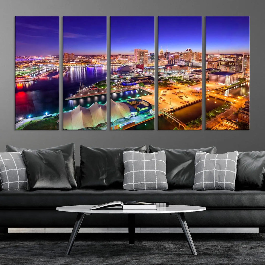 A triptych of the Baltimore City Lights Night Purple Skyline Cityscape, printed on museum-quality canvas with a UV-protective coating, hangs beautifully. This artwork arrives ready to hang, adding instant elegance to the space.