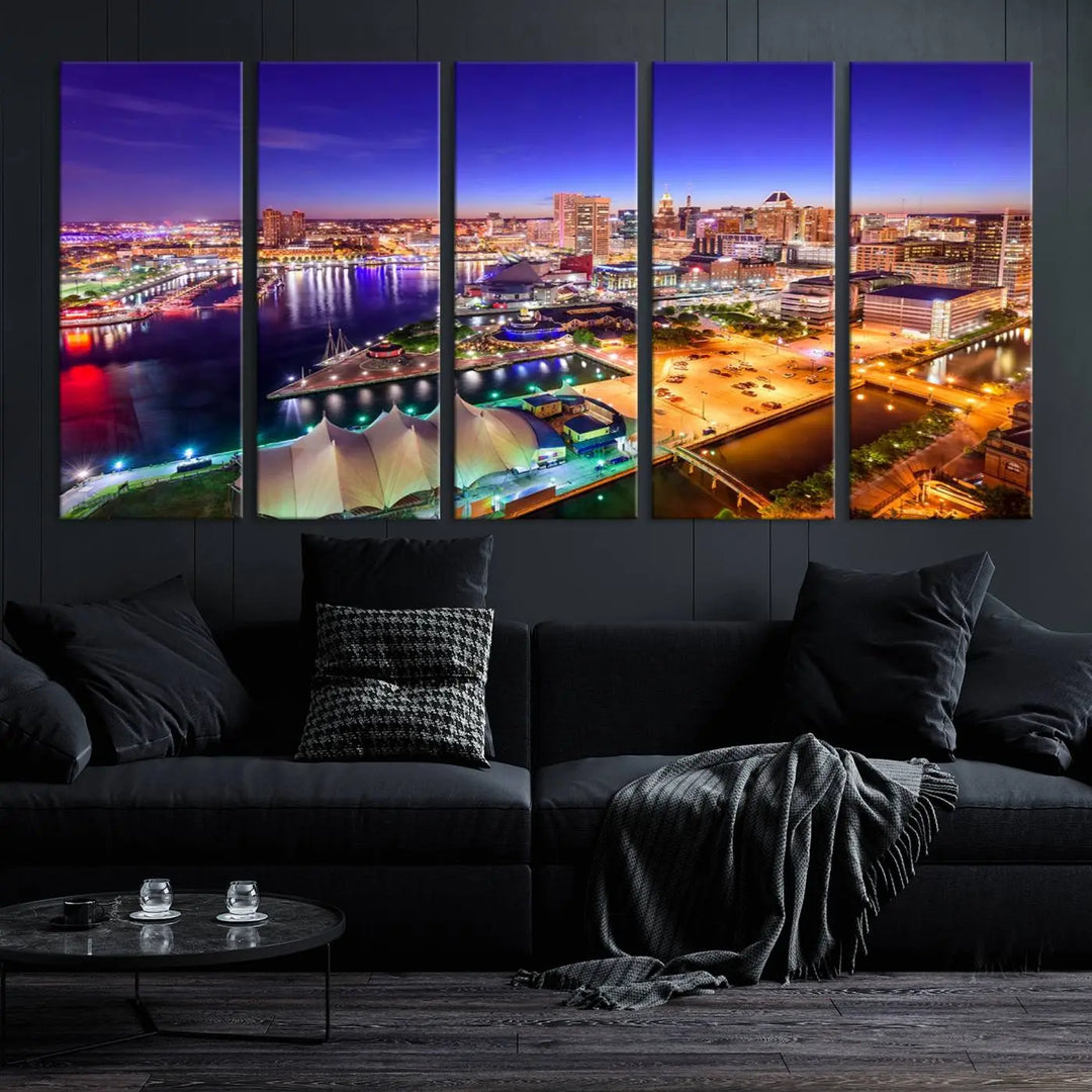 A triptych of the Baltimore City Lights Night Purple Skyline Cityscape, printed on museum-quality canvas with a UV-protective coating, hangs beautifully. This artwork arrives ready to hang, adding instant elegance to the space.