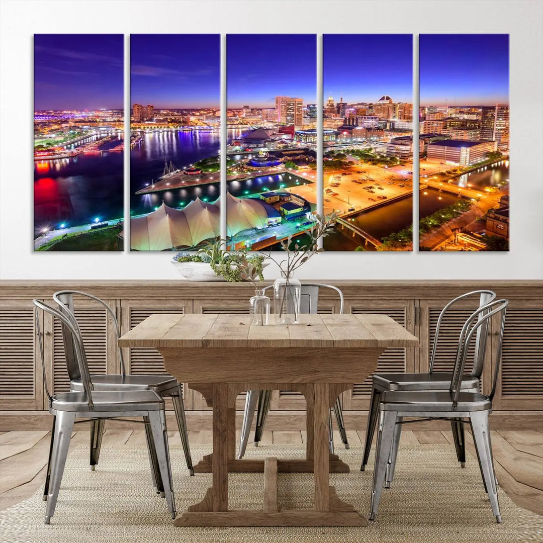 A triptych of the Baltimore City Lights Night Purple Skyline Cityscape, printed on museum-quality canvas with a UV-protective coating, hangs beautifully. This artwork arrives ready to hang, adding instant elegance to the space.