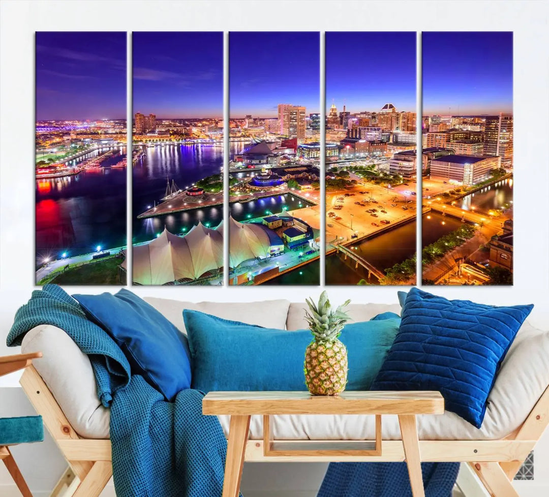 A triptych of the Baltimore City Lights Night Purple Skyline Cityscape, printed on museum-quality canvas with a UV-protective coating, hangs beautifully. This artwork arrives ready to hang, adding instant elegance to the space.