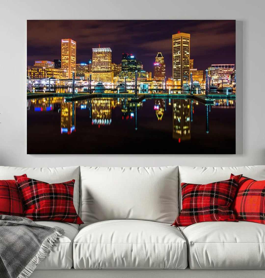 The Baltimore City Lights Night Purple Skyline Cityscape View Wall Art Canvas Print is a triptych showcasing a vibrant city skyline reflected on water. This artwork, crafted on museum-quality canvas and hand-assembled, adds sophistication and charm to any space while celebrating artistry made in the USA.