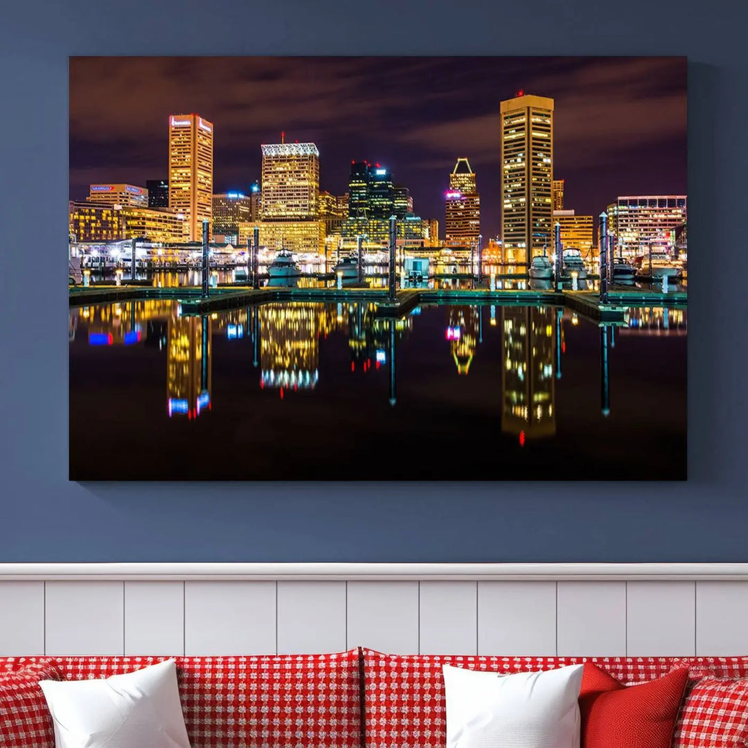 The Baltimore City Lights Night Purple Skyline Cityscape View Wall Art Canvas Print is a triptych showcasing a vibrant city skyline reflected on water. This artwork, crafted on museum-quality canvas and hand-assembled, adds sophistication and charm to any space while celebrating artistry made in the USA.