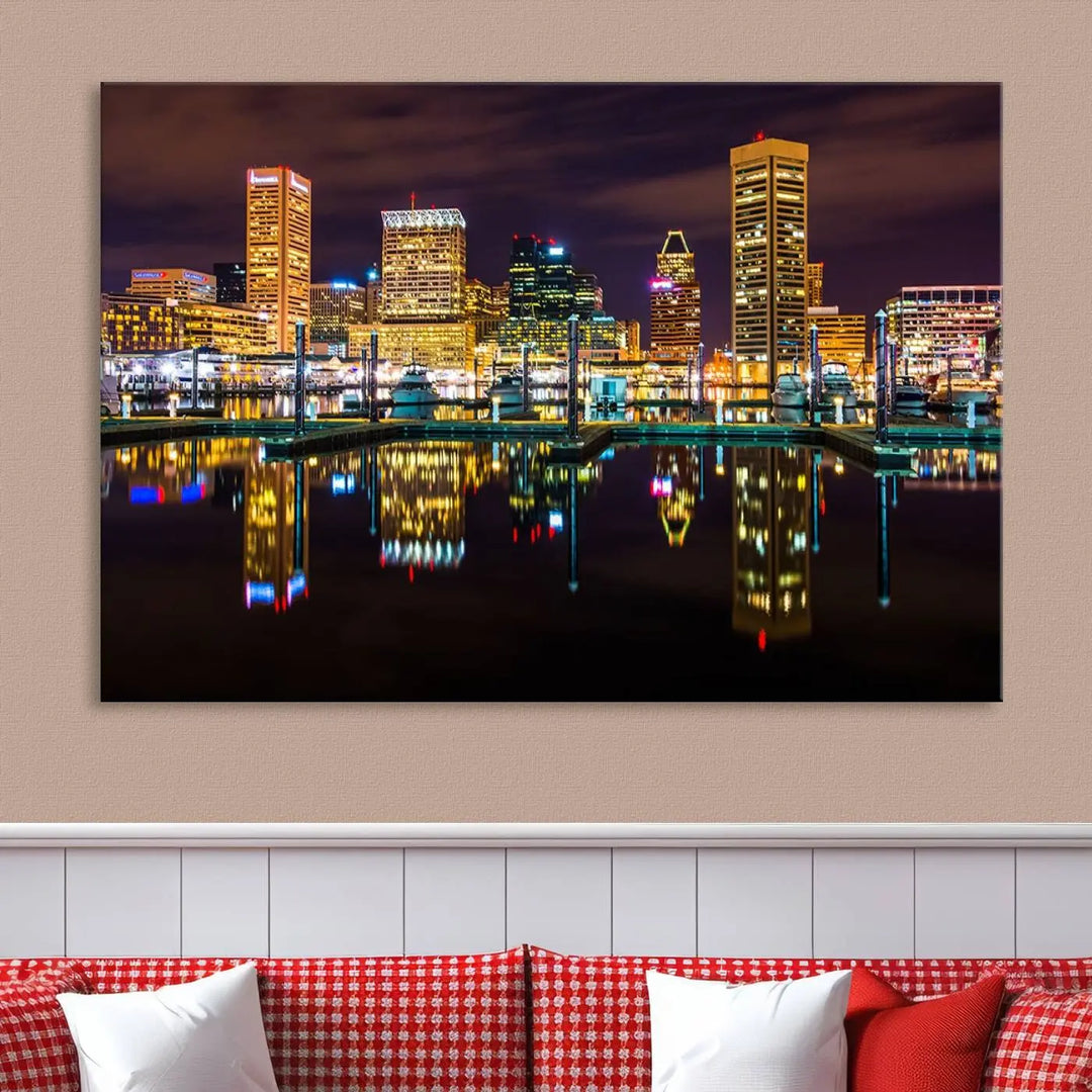 The Baltimore City Lights Night Purple Skyline Cityscape View Wall Art Canvas Print is a triptych showcasing a vibrant city skyline reflected on water. This artwork, crafted on museum-quality canvas and hand-assembled, adds sophistication and charm to any space while celebrating artistry made in the USA.