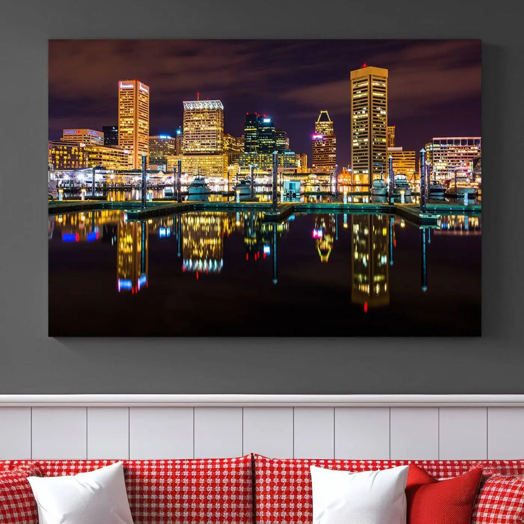 The Baltimore City Lights Night Purple Skyline Cityscape View Wall Art Canvas Print is a triptych showcasing a vibrant city skyline reflected on water. This artwork, crafted on museum-quality canvas and hand-assembled, adds sophistication and charm to any space while celebrating artistry made in the USA.