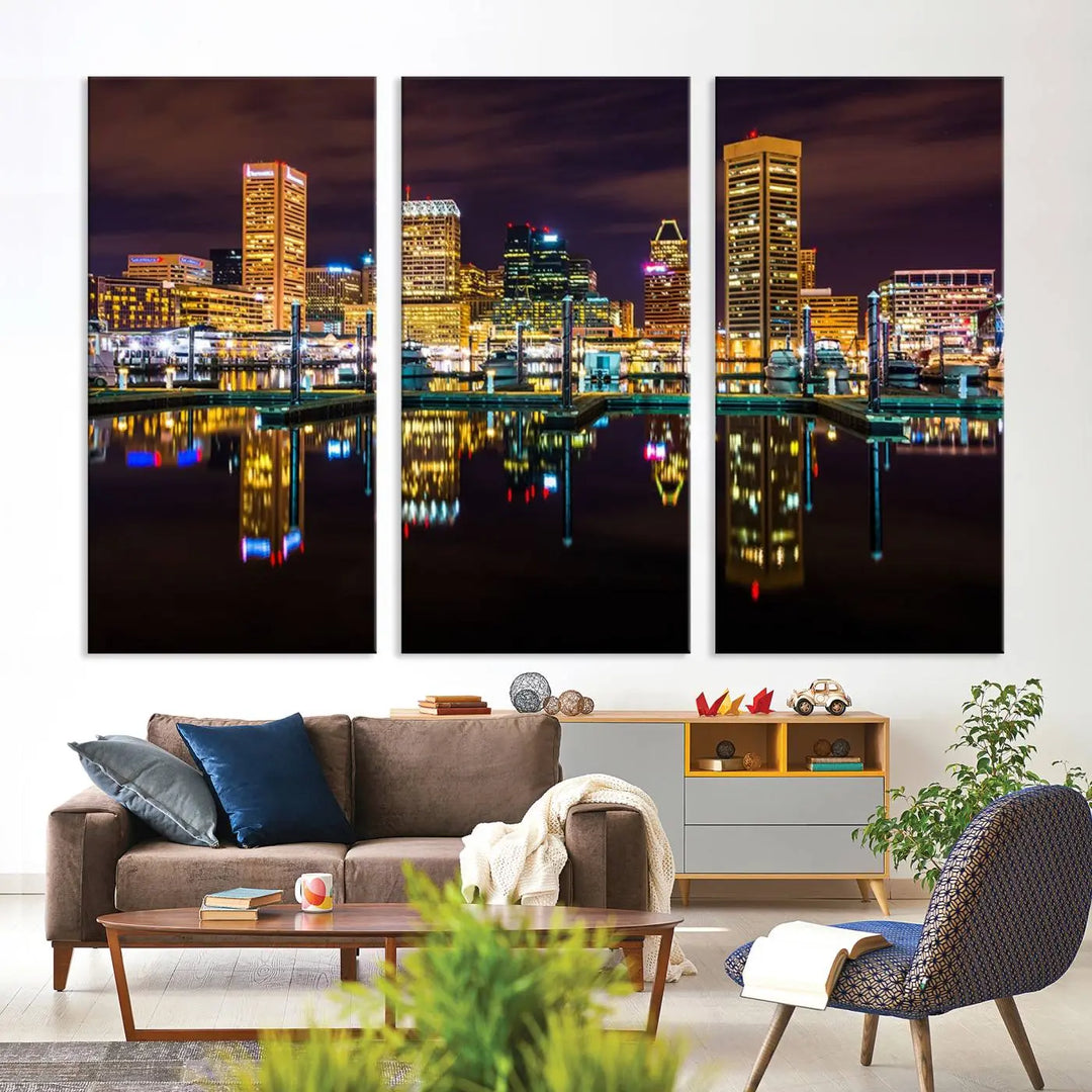 The Baltimore City Lights Night Purple Skyline Cityscape View Wall Art Canvas Print is a triptych showcasing a vibrant city skyline reflected on water. This artwork, crafted on museum-quality canvas and hand-assembled, adds sophistication and charm to any space while celebrating artistry made in the USA.