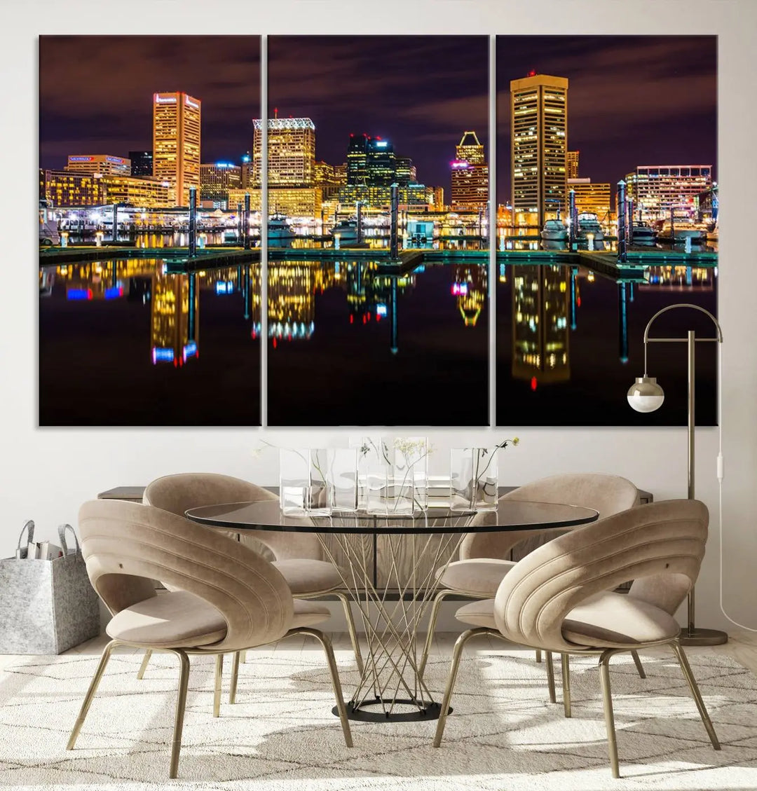 The Baltimore City Lights Night Purple Skyline Cityscape View Wall Art Canvas Print is a triptych showcasing a vibrant city skyline reflected on water. This artwork, crafted on museum-quality canvas and hand-assembled, adds sophistication and charm to any space while celebrating artistry made in the USA.