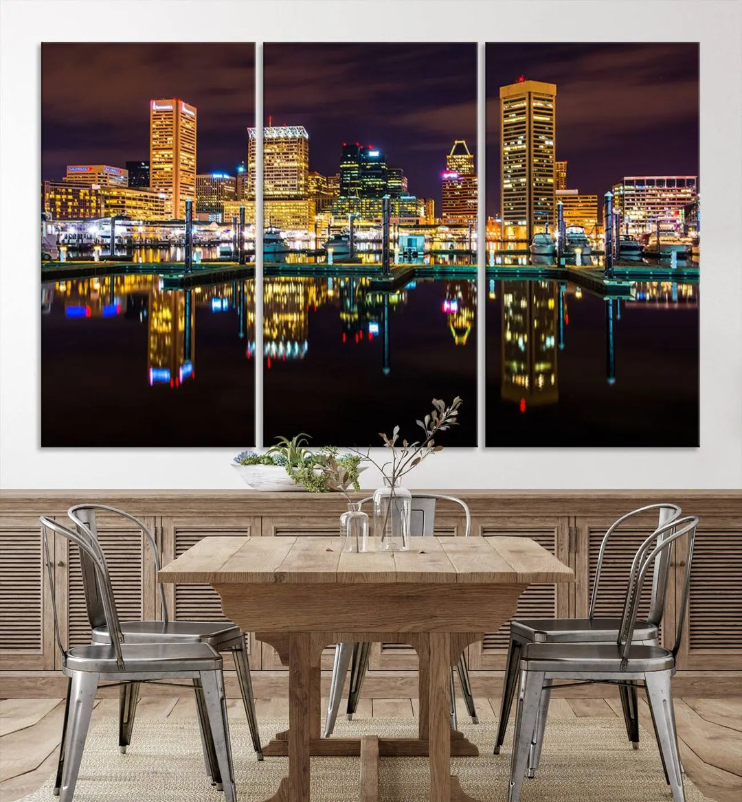 The Baltimore City Lights Night Purple Skyline Cityscape View Wall Art Canvas Print is a triptych showcasing a vibrant city skyline reflected on water. This artwork, crafted on museum-quality canvas and hand-assembled, adds sophistication and charm to any space while celebrating artistry made in the USA.