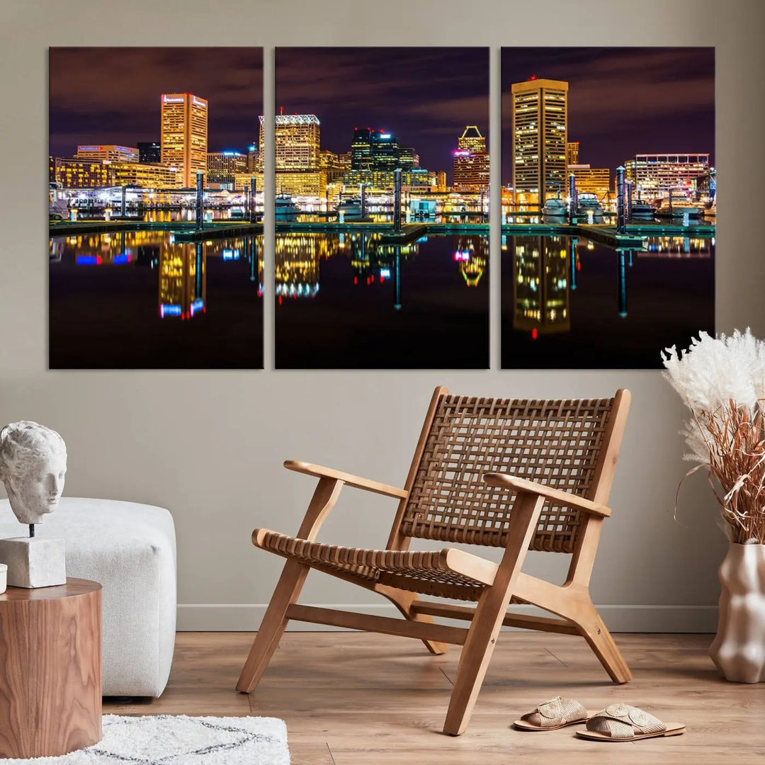 The Baltimore City Lights Night Purple Skyline Cityscape View Wall Art Canvas Print is a triptych showcasing a vibrant city skyline reflected on water. This artwork, crafted on museum-quality canvas and hand-assembled, adds sophistication and charm to any space while celebrating artistry made in the USA.