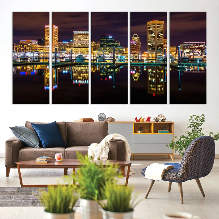 The Baltimore City Lights Night Purple Skyline Cityscape View Wall Art Canvas Print is a triptych showcasing a vibrant city skyline reflected on water. This artwork, crafted on museum-quality canvas and hand-assembled, adds sophistication and charm to any space while celebrating artistry made in the USA.