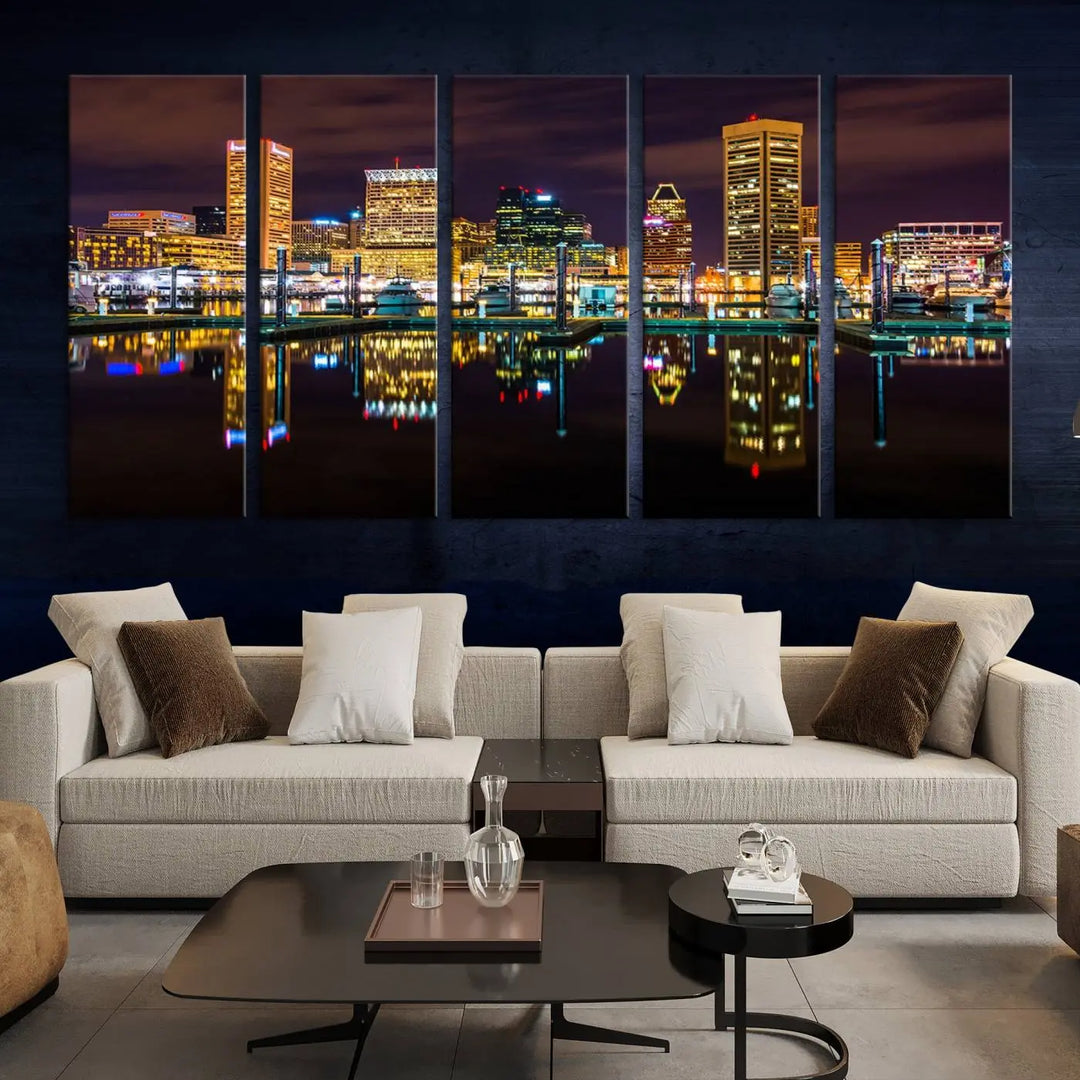 The Baltimore City Lights Night Purple Skyline Cityscape View Wall Art Canvas Print is a triptych showcasing a vibrant city skyline reflected on water. This artwork, crafted on museum-quality canvas and hand-assembled, adds sophistication and charm to any space while celebrating artistry made in the USA.