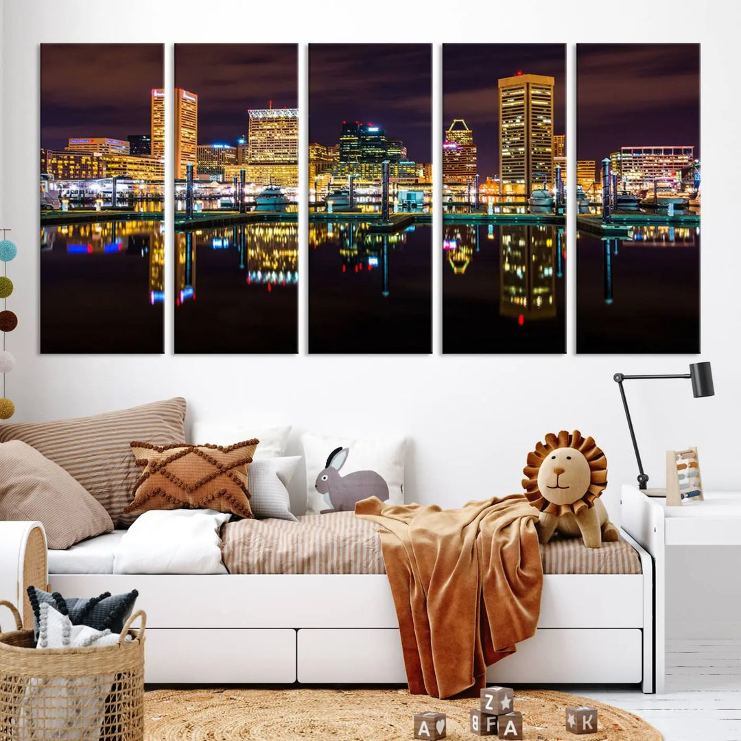 The Baltimore City Lights Night Purple Skyline Cityscape View Wall Art Canvas Print is a triptych showcasing a vibrant city skyline reflected on water. This artwork, crafted on museum-quality canvas and hand-assembled, adds sophistication and charm to any space while celebrating artistry made in the USA.