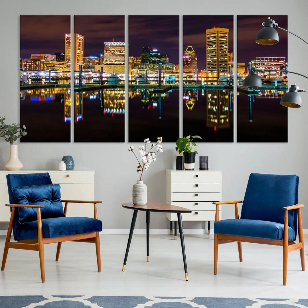 The Baltimore City Lights Night Purple Skyline Cityscape View Wall Art Canvas Print is a triptych showcasing a vibrant city skyline reflected on water. This artwork, crafted on museum-quality canvas and hand-assembled, adds sophistication and charm to any space while celebrating artistry made in the USA.