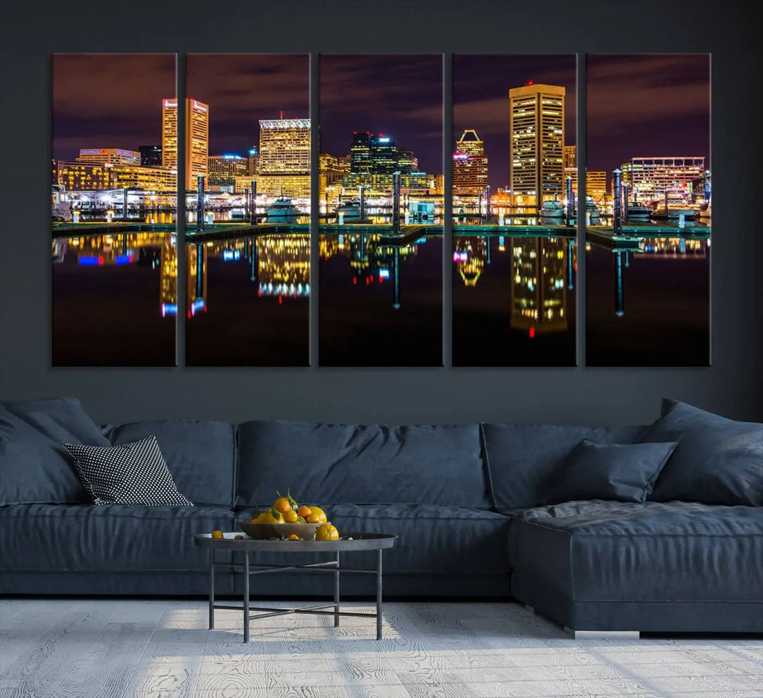 The Baltimore City Lights Night Purple Skyline Cityscape View Wall Art Canvas Print is a triptych showcasing a vibrant city skyline reflected on water. This artwork, crafted on museum-quality canvas and hand-assembled, adds sophistication and charm to any space while celebrating artistry made in the USA.