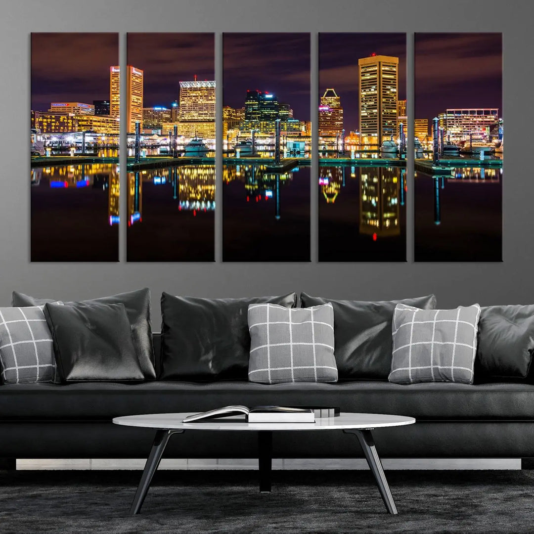 The Baltimore City Lights Night Purple Skyline Cityscape View Wall Art Canvas Print is a triptych showcasing a vibrant city skyline reflected on water. This artwork, crafted on museum-quality canvas and hand-assembled, adds sophistication and charm to any space while celebrating artistry made in the USA.