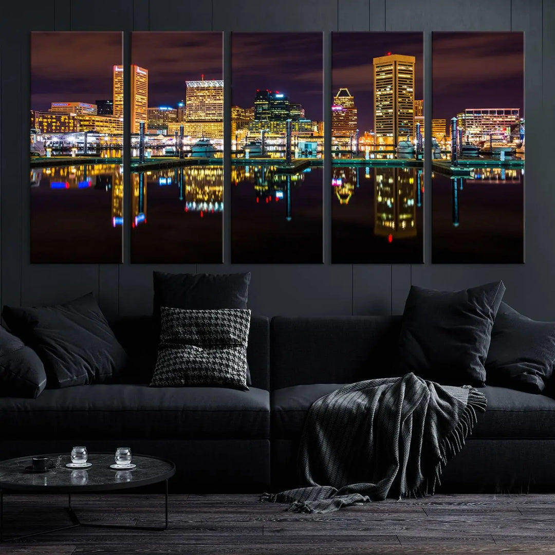 The Baltimore City Lights Night Purple Skyline Cityscape View Wall Art Canvas Print is a triptych showcasing a vibrant city skyline reflected on water. This artwork, crafted on museum-quality canvas and hand-assembled, adds sophistication and charm to any space while celebrating artistry made in the USA.