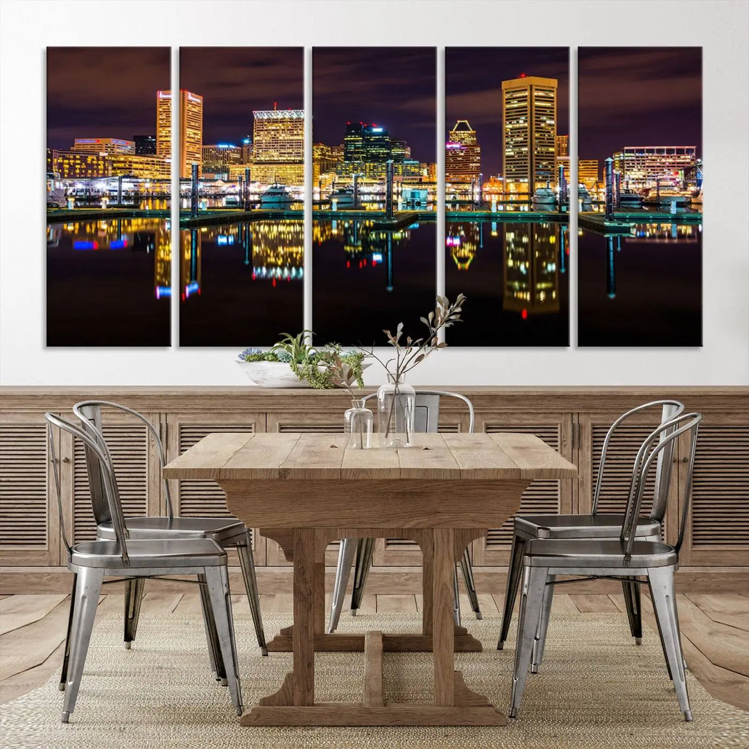 The Baltimore City Lights Night Purple Skyline Cityscape View Wall Art Canvas Print is a triptych showcasing a vibrant city skyline reflected on water. This artwork, crafted on museum-quality canvas and hand-assembled, adds sophistication and charm to any space while celebrating artistry made in the USA.