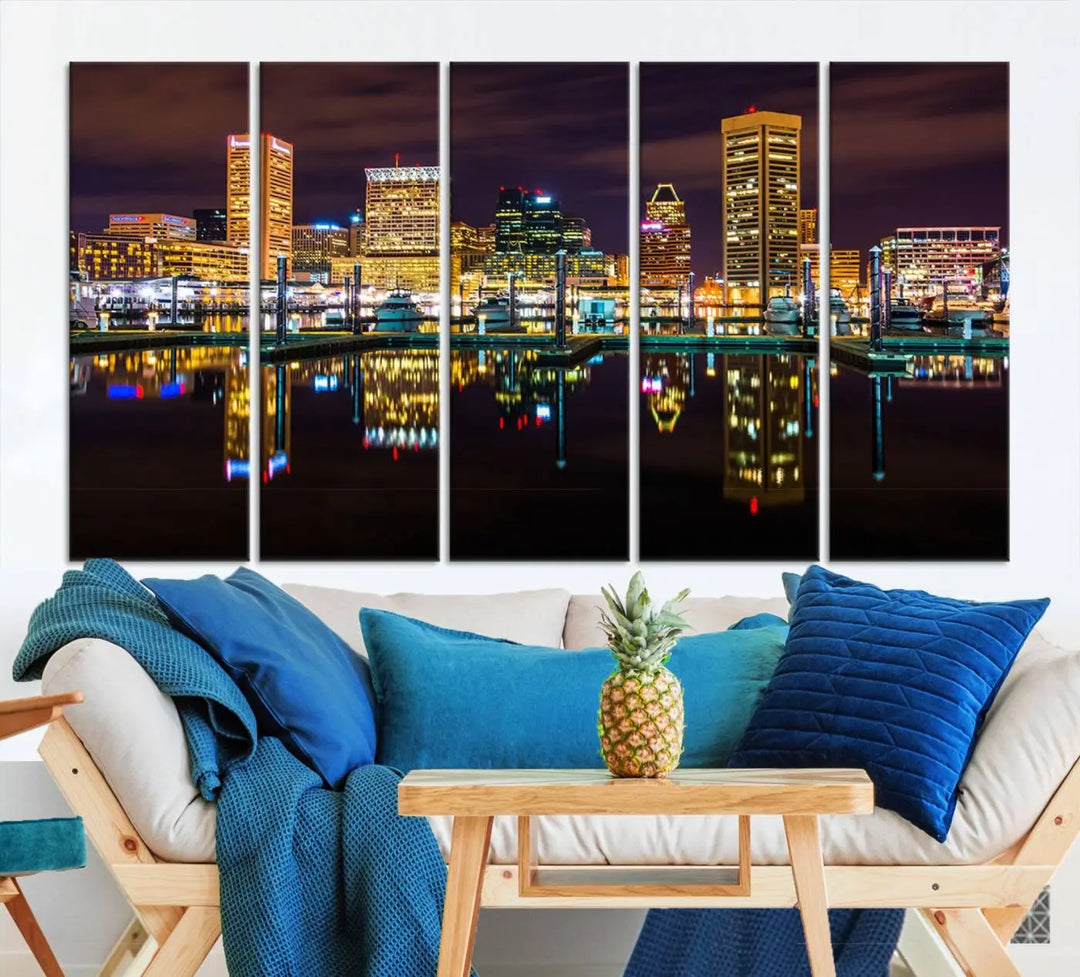 The Baltimore City Lights Night Purple Skyline Cityscape View Wall Art Canvas Print is a triptych showcasing a vibrant city skyline reflected on water. This artwork, crafted on museum-quality canvas and hand-assembled, adds sophistication and charm to any space while celebrating artistry made in the USA.