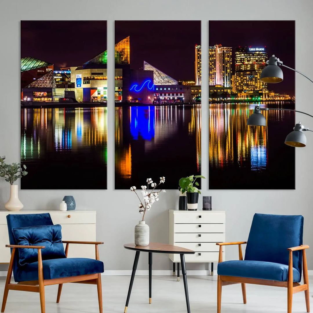 A set of museum-quality canvases featuring the "Baltimore City Lights Night Skyline Cityscape View Wall Art Canvas Print" showcases a vibrant nighttime cityscape with colorful reflections on water. The canvases are elegantly presented with gallery-wrapped edges for a polished look.