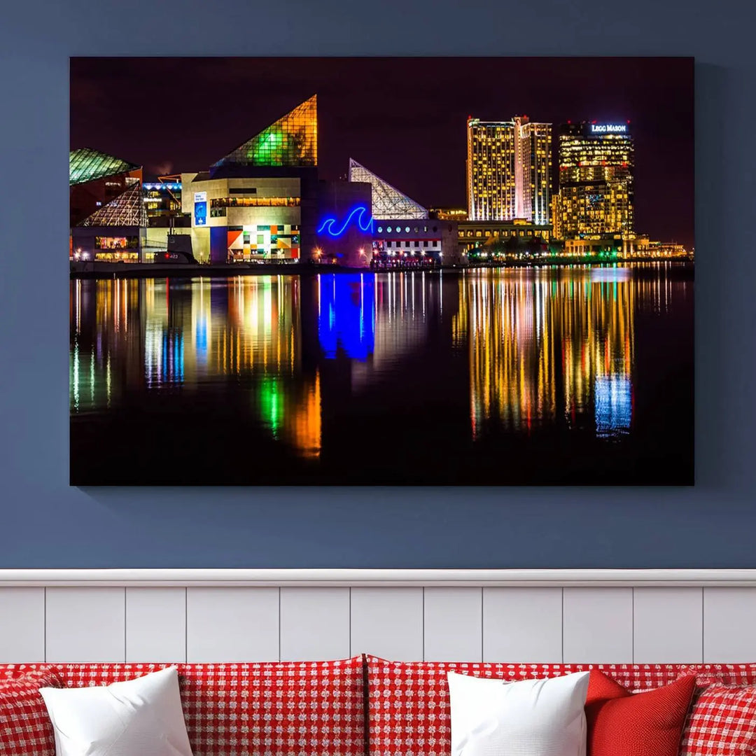 A set of museum-quality canvases featuring the "Baltimore City Lights Night Skyline Cityscape View Wall Art Canvas Print" showcases a vibrant nighttime cityscape with colorful reflections on water. The canvases are elegantly presented with gallery-wrapped edges for a polished look.