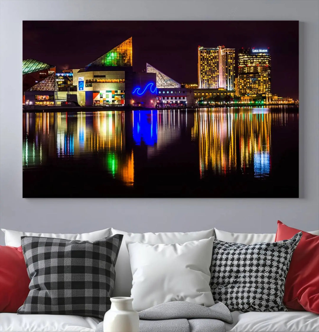 A set of museum-quality canvases featuring the "Baltimore City Lights Night Skyline Cityscape View Wall Art Canvas Print" showcases a vibrant nighttime cityscape with colorful reflections on water. The canvases are elegantly presented with gallery-wrapped edges for a polished look.