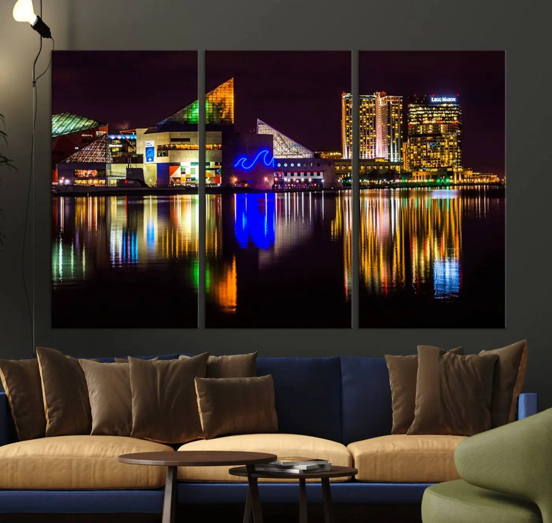 A set of museum-quality canvases featuring the "Baltimore City Lights Night Skyline Cityscape View Wall Art Canvas Print" showcases a vibrant nighttime cityscape with colorful reflections on water. The canvases are elegantly presented with gallery-wrapped edges for a polished look.