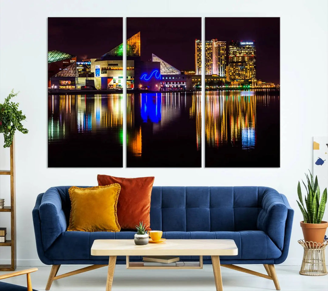 A set of museum-quality canvases featuring the "Baltimore City Lights Night Skyline Cityscape View Wall Art Canvas Print" showcases a vibrant nighttime cityscape with colorful reflections on water. The canvases are elegantly presented with gallery-wrapped edges for a polished look.