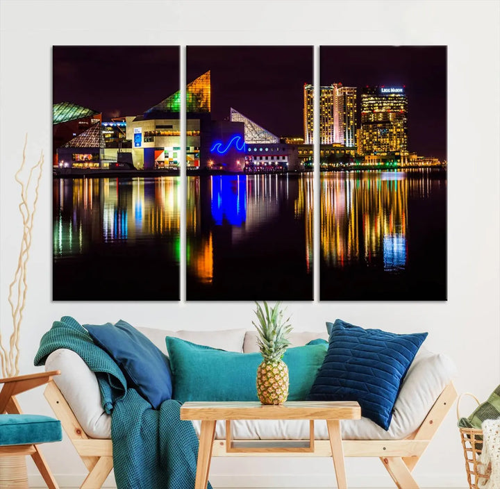 A set of museum-quality canvases featuring the "Baltimore City Lights Night Skyline Cityscape View Wall Art Canvas Print" showcases a vibrant nighttime cityscape with colorful reflections on water. The canvases are elegantly presented with gallery-wrapped edges for a polished look.