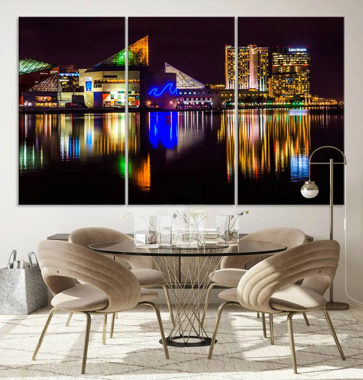 A set of museum-quality canvases featuring the "Baltimore City Lights Night Skyline Cityscape View Wall Art Canvas Print" showcases a vibrant nighttime cityscape with colorful reflections on water. The canvases are elegantly presented with gallery-wrapped edges for a polished look.