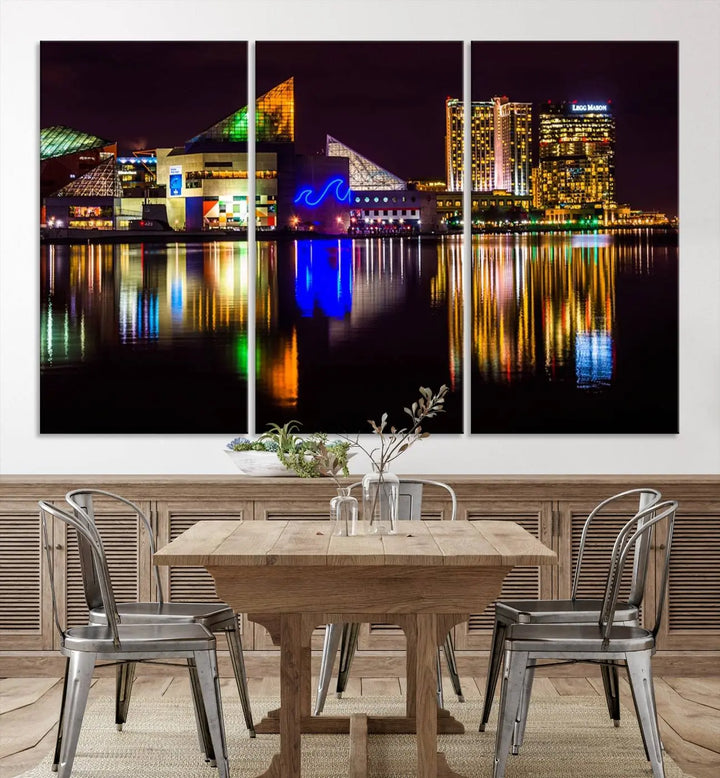 A set of museum-quality canvases featuring the "Baltimore City Lights Night Skyline Cityscape View Wall Art Canvas Print" showcases a vibrant nighttime cityscape with colorful reflections on water. The canvases are elegantly presented with gallery-wrapped edges for a polished look.