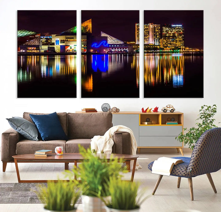 A set of museum-quality canvases featuring the "Baltimore City Lights Night Skyline Cityscape View Wall Art Canvas Print" showcases a vibrant nighttime cityscape with colorful reflections on water. The canvases are elegantly presented with gallery-wrapped edges for a polished look.