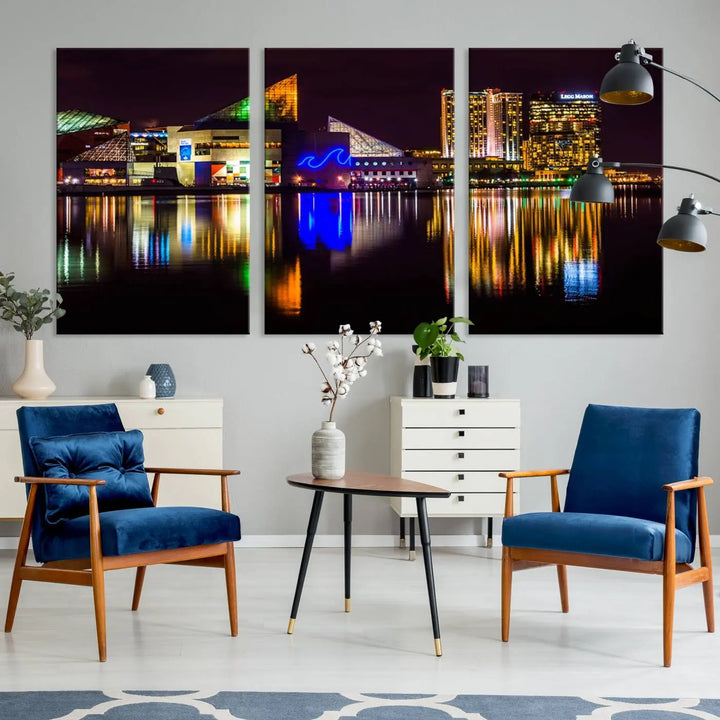 A set of museum-quality canvases featuring the "Baltimore City Lights Night Skyline Cityscape View Wall Art Canvas Print" showcases a vibrant nighttime cityscape with colorful reflections on water. The canvases are elegantly presented with gallery-wrapped edges for a polished look.