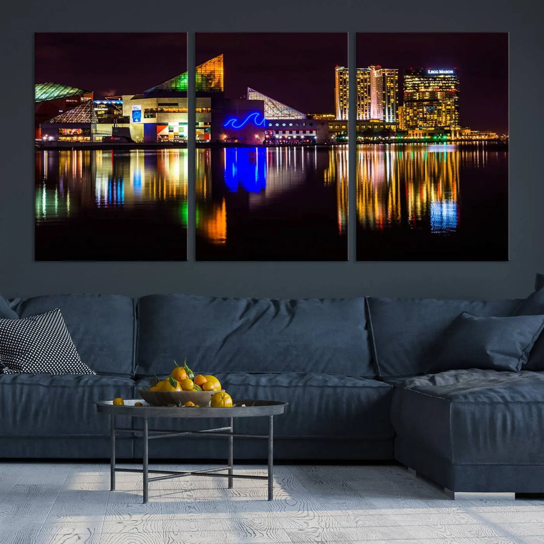 A set of museum-quality canvases featuring the "Baltimore City Lights Night Skyline Cityscape View Wall Art Canvas Print" showcases a vibrant nighttime cityscape with colorful reflections on water. The canvases are elegantly presented with gallery-wrapped edges for a polished look.