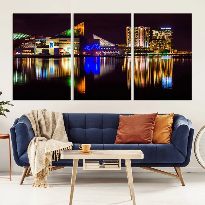 A set of museum-quality canvases featuring the "Baltimore City Lights Night Skyline Cityscape View Wall Art Canvas Print" showcases a vibrant nighttime cityscape with colorful reflections on water. The canvases are elegantly presented with gallery-wrapped edges for a polished look.