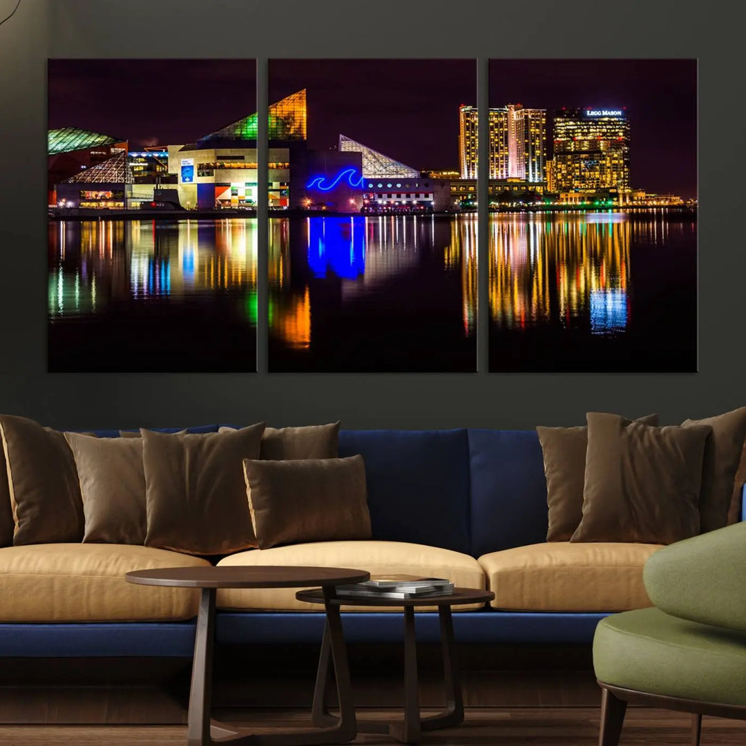 A set of museum-quality canvases featuring the "Baltimore City Lights Night Skyline Cityscape View Wall Art Canvas Print" showcases a vibrant nighttime cityscape with colorful reflections on water. The canvases are elegantly presented with gallery-wrapped edges for a polished look.