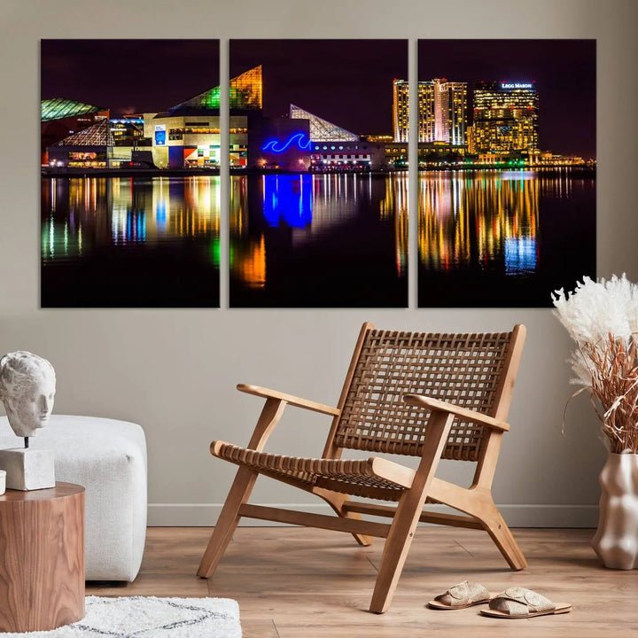 A set of museum-quality canvases featuring the "Baltimore City Lights Night Skyline Cityscape View Wall Art Canvas Print" showcases a vibrant nighttime cityscape with colorful reflections on water. The canvases are elegantly presented with gallery-wrapped edges for a polished look.