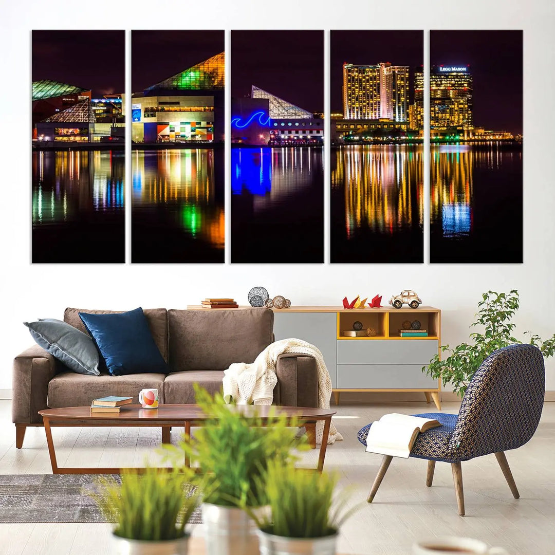 A set of museum-quality canvases featuring the "Baltimore City Lights Night Skyline Cityscape View Wall Art Canvas Print" showcases a vibrant nighttime cityscape with colorful reflections on water. The canvases are elegantly presented with gallery-wrapped edges for a polished look.