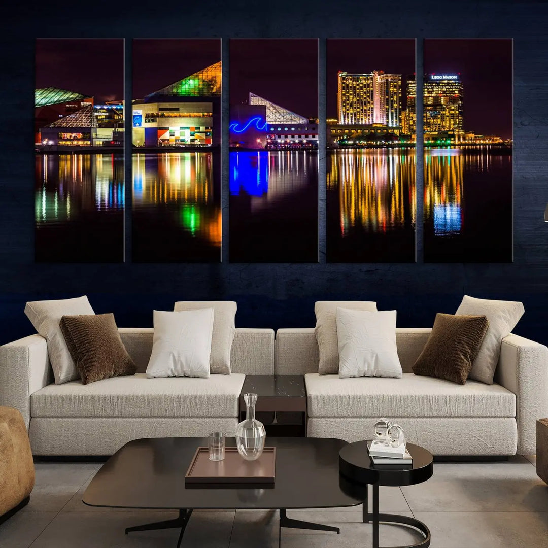 A set of museum-quality canvases featuring the "Baltimore City Lights Night Skyline Cityscape View Wall Art Canvas Print" showcases a vibrant nighttime cityscape with colorful reflections on water. The canvases are elegantly presented with gallery-wrapped edges for a polished look.