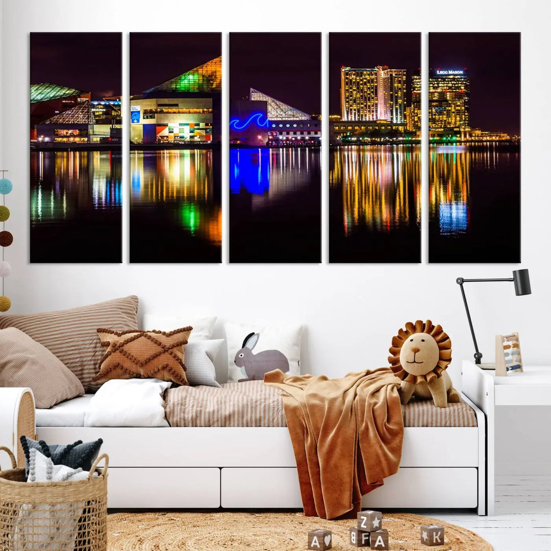 A set of museum-quality canvases featuring the "Baltimore City Lights Night Skyline Cityscape View Wall Art Canvas Print" showcases a vibrant nighttime cityscape with colorful reflections on water. The canvases are elegantly presented with gallery-wrapped edges for a polished look.